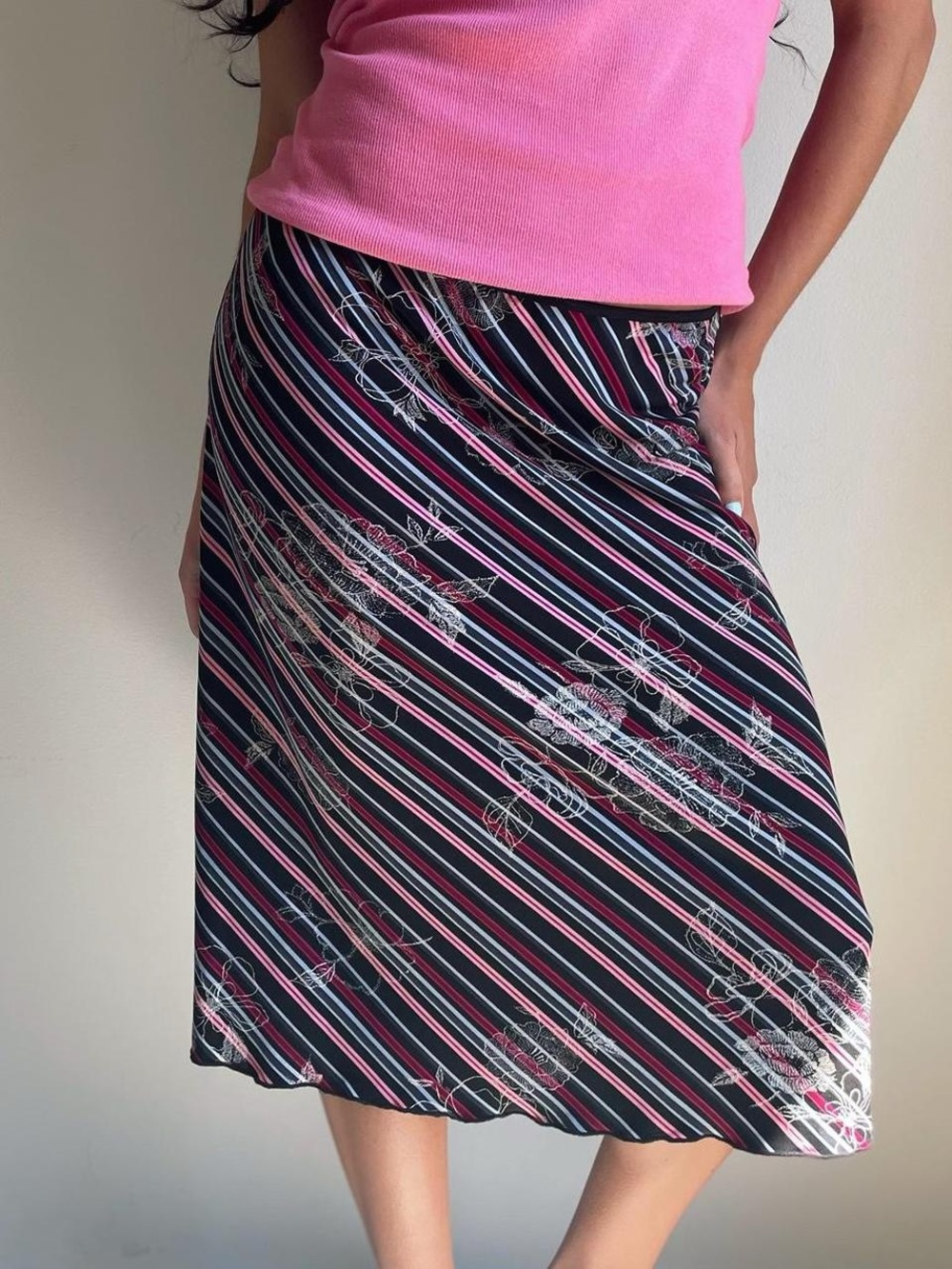 Wrapper Striped Floral Midi Skirt